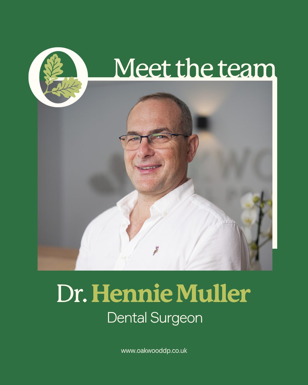 Meet Dr. Hennie Muller 🦷✨
Known for his calm, caring approach, Hennie specialises in helping even the most anxious patients feel at ease. With advanced training in implantology, sedation, and modern techniques, he’s passionate about delivering high-quality, comfortable care.
Outside the clinic, you’ll find him playing golf, listening to music, or spending time with his wife, Dr. Grethe Louw 💚
