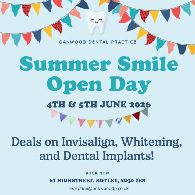 ✨Summer Smile Open Day at Oakwood Dental Practice✨
Exclusive Open Day offers available on the 4th and 5th June for everyone (you don't need to be registered with us!)🦷
We’re offering special discounts on:
😁 Invisalign
✨ Teeth Whitening
🦷 Dental Implants
This is the perfect opportunity to meet our team, ask questions, and discover how we can help you achieve your dream smile.
📍 Oakwood Dental Practice, 61 Highstreet, Botley, S032 2ES
Book your place today and take advantage of these amazing offers
01489797902
#Invisalign #TeethWhitening #DentalImplants #SmileMakeover #SummerSmileOpenDay